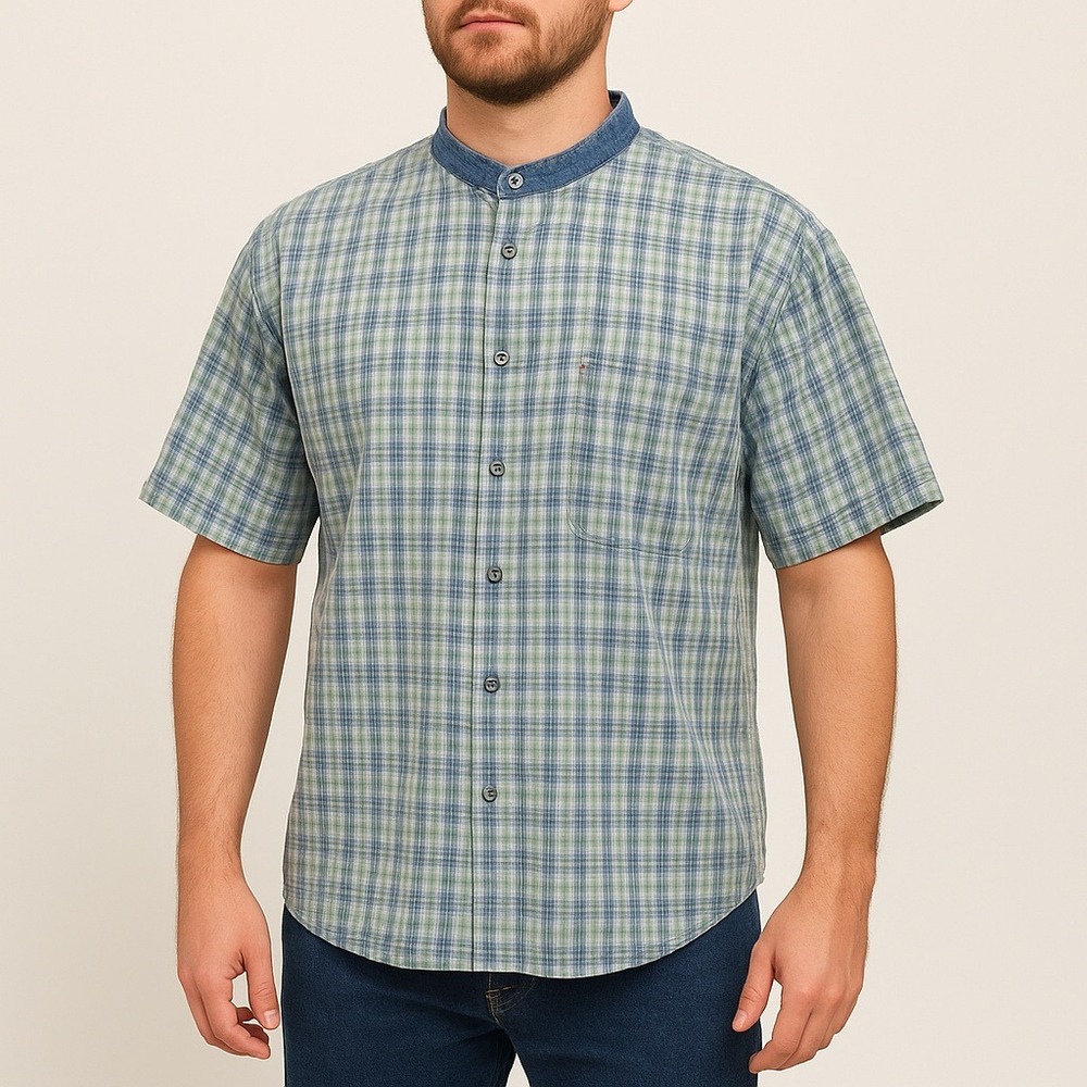 Vintage Bugle Boy Gold Crest Plaid Shirt XL Denim Collar 90s Cotton Short Sleeve